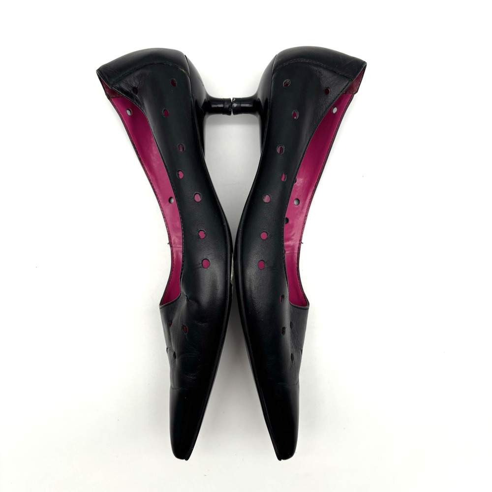 1980s San Reno 'KATI' Black Holey Leather Point Toe Kitten Heel Pump 6.5B Brazil - Picture 11 of 15